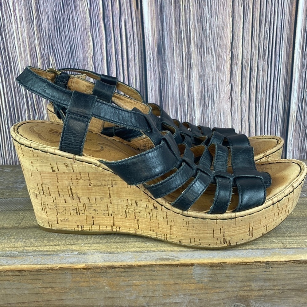 Born Black Leather Cork Wedges- Size 10